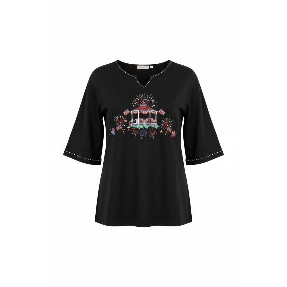 Quacker Factory 4th of July Patriotic Gazebo Rhinestone Top Black 1X 3/4 Sleeve